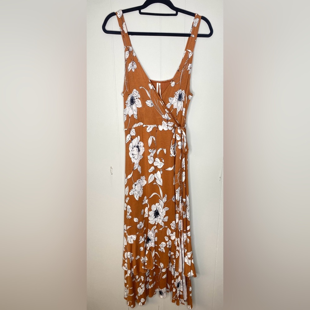 Anthropologie Ruffled Floral Midi Dress Brown Size‎ Medium Stretchy soft wrap - Picture 3 of 7